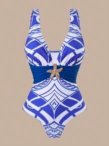 Swim Oasis Nuevo conjunto de baño de verano 2025 de 3 piezas para mujer, que incluye traje de baño de una pieza con estampado de posicionamiento, falda y falda larga de malla para vacaciones en la playa - Azul y blanco - Ver 3