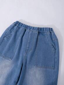 1pc Teen Girl Flare Hem Pocket Design Casual Trousers, Versatile & Cute - Light Wash - View 5