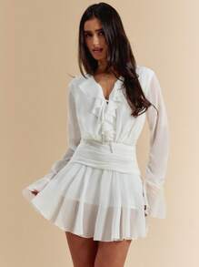 SHEIN BAE Women's Solid White Sheer Lightweight Chiffon Ruffled Hem Sexy Elegant Shirt Dress, White Dress, Graceful Graduation Season Dress - White - View 5