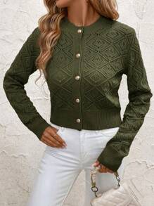 SHEIN Clasi 短款纯色圆领落肩镂空针织开衫