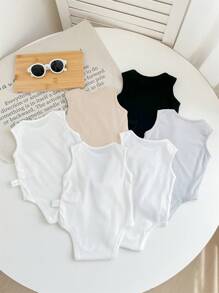 SHEIN 6pcs Dozemod Newborn Baby Boy Simple & Comfortable Crew Neck Sleeveless Solid Color Bodysuit Set - Multicolor - View 2