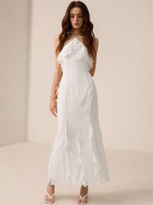 Revavyn 白色雪纺露背荷叶边修身连衣裙 - 白色 - 查看 1