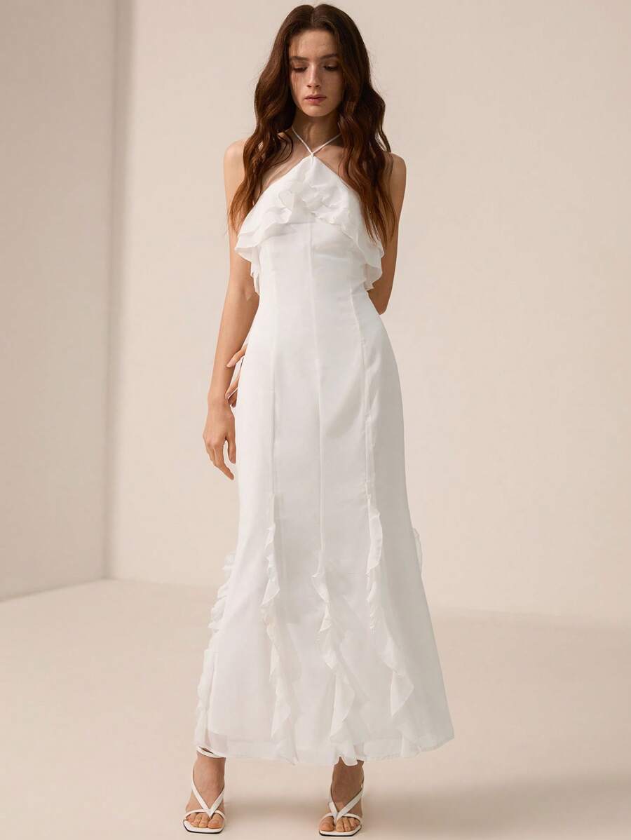 Revavyn 白色雪纺露背荷叶边修身连衣裙 - 白色 - 查看 1