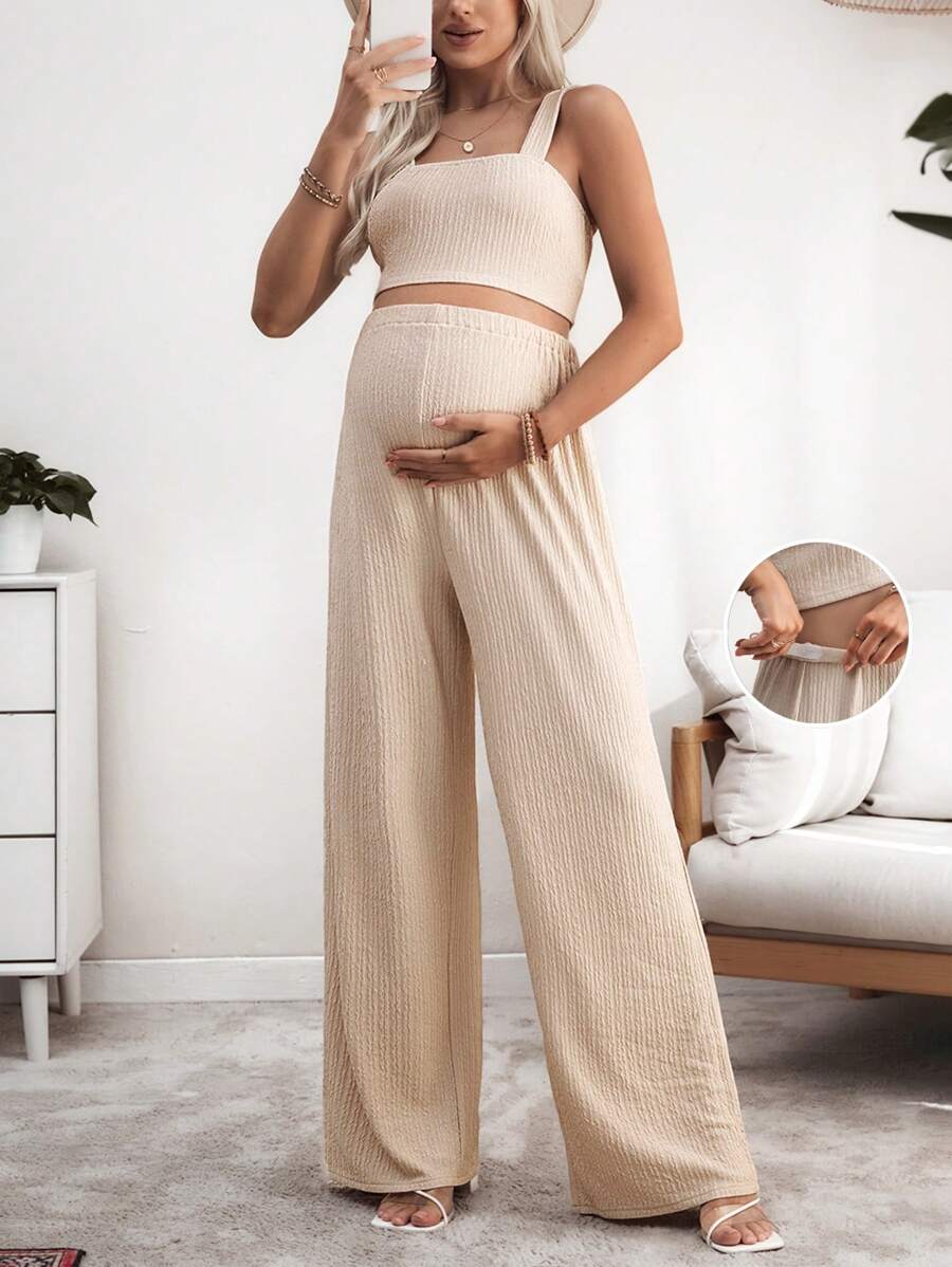 SHEIN 2pcs/Set Maternity Solid Color Knit Camisole & Pants - Khaki - View 1