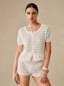 SHEIN 女士纯色短袖镂空纽扣和服罩衫和短裤两件套 - 白色 - 查看 1