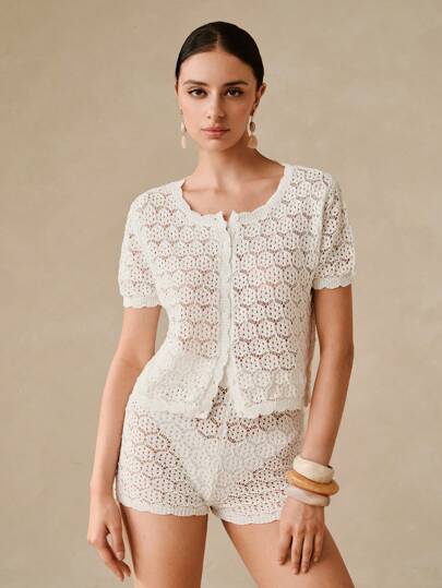 SHEIN Conjunto de 2 piezas para mujer con kimono de manga corta con botones y aberturas, y shorts de unicolor