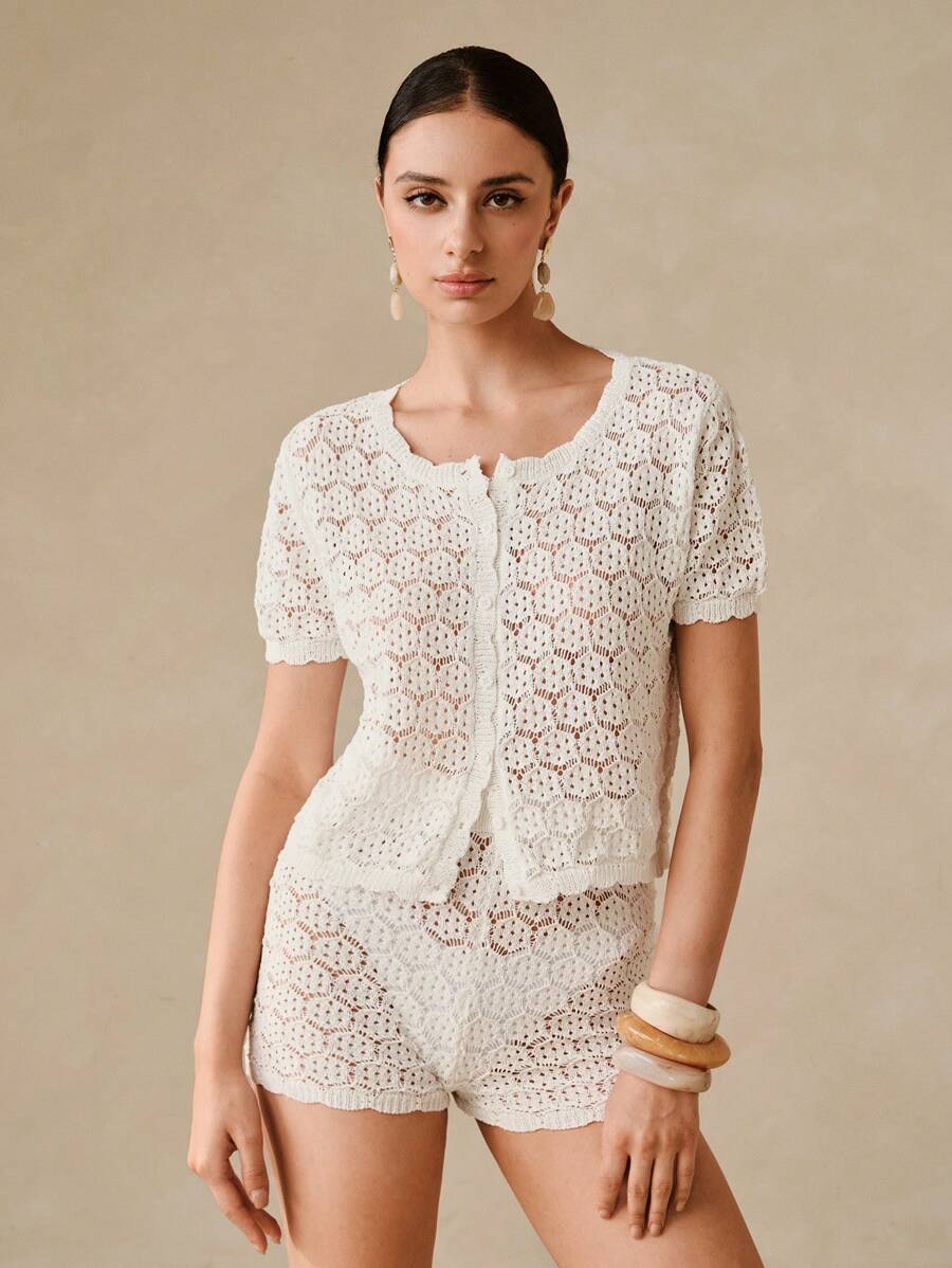 SHEIN 女士纯色短袖镂空纽扣和服罩衫和短裤两件套 - 白色 - 查看 1
