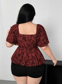 Vibekara Große Größen Gothic Stil Bluse mit Quadratausschnitt, Spitze und Rüschenärmeln - Bordeaux - Übersicht 2