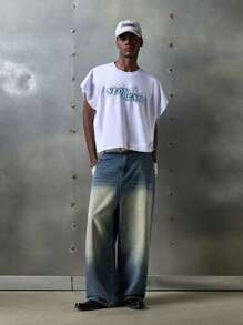 NEON BLANC Men's Street Fashion Woven Loose Fit Embroidered Flared Leg Jeans