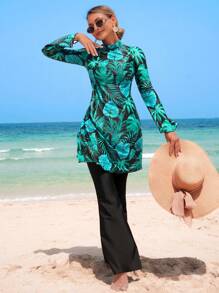 Swim Mulvari 2pcs Muslim Women Long Sleeve Top And Long Pants Modest Swimsuit Set For Summer Beach Vacation - Multicolor - View 4