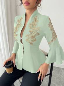 Rafferiza Casual Elegant Versatile Daily V-Neck Waist Ruffle 3/4 Bell Sleeve Black Blouse For Women, Spring/Summer