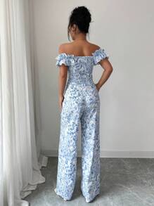 Lyxana Set de 2 piezas: Top de hombros y pantalón de pierna recta con estampado