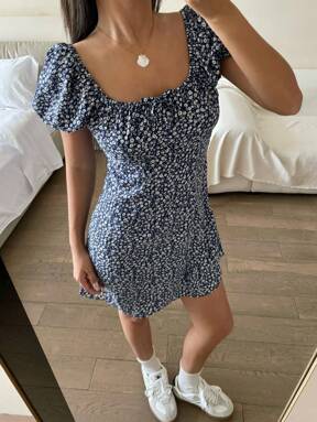 Tween Girls' Navy Blue Ditsy Floral Stand Collar Bow Front Fitted Puff Sleeve Mini Dress, For Parties, Vacations, Outings, Coastal Grandma Outfit