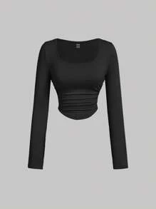 SHEIN MOD 3 件女式褶皱休闲方领长袖 T 恤套装，保暖服装，秋季女装，外出上衣，假日女装，新年，红色上衣 - 紅色 - 查看 7