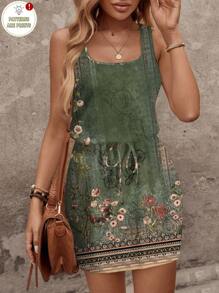 SHEIN LUNE 女士休闲绿色花卉印花短裙，适合春夏季度假