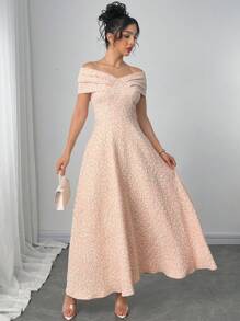 Modelyn Women's Floral Jacquard Off Shoulder Long Fitted Elegant Dress