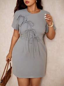 Elaquor Plus Size Bow Knot Tie Waist Fitted Short Sleeve Mini Casual Dress