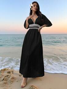 Firerie 女式 V 领波西米亚风蝙蝠袖连衣裙，节日连衣裙，亚麻风格连衣裙，适合通勤、优雅、性感、假日、海滩、波西米亚风、夏威夷风、音乐节 - 黑色 - 查看 3