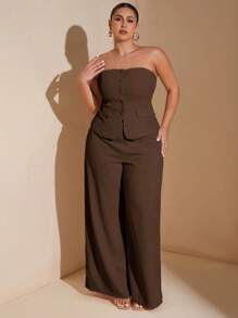 SHEIN Tall CURVE 大码女士优雅约会甜美女孩纯色抹胸西装外套夏季套装，适合工作制服办公室仙女美人鱼风商务套装 - 咖啡棕 - 查看 6