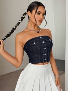 SHEIN ICON 女士时尚纽扣前短款牛仔背心 - 深色水洗藍 - 查看 3