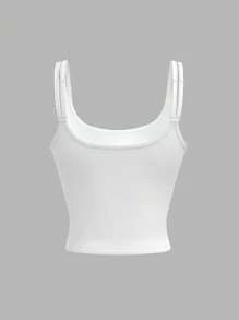 SHEIN PETITE Women's Solid Color Cropped Fitted Camisole White Tank Top With Built-In Bra - Black - View 12