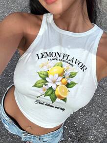 SHEIN EZwear Casual Minimalist Fresh Lemon Flower Pattern Round Neck Bodycon Tank Top, Suitable For Summer, Back To School, Spring Break, Girls Trip, Beachwear, Natural Women Tank Tops Lemon Tank Top Graphic Tank Tops Summer Tank Tops White Tank Top - White - View 4