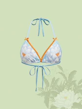 The White Lotus Floral Print Contrast Lace Trim Tie Backless Sexy Halter Top
