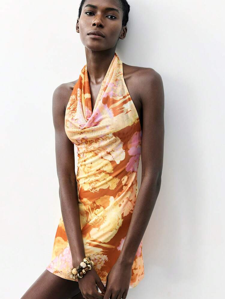 SHEIN Maija Vestido de verano naranja para mujer, con estampado de todo el Body en colores contrastantes, cuello drapeado, ceñido a la figura, espalda descubierta, sexy, elegante, cómodo, de tela de malla, adecuado para vacaciones, fiestas, festivales de música, sin mangas, vestido corto y mini