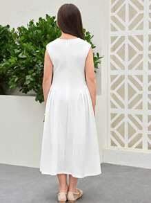 SHEIN Tween Girls' Elegant Round Neck Sleeveless Waisted Mid-Length Dress - White - View 2