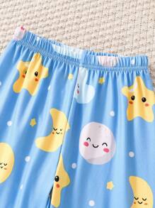 2 件套男童蓝色月亮和星星印花休闲睡衣套装，长袖上衣和裤子