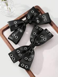 ROMWE 2个Y2K复古朋克哥特风黑色皮革双透气蝴蝶结装饰DIY发夹，弹簧夹马尾辫发圈套装，适合姐妹、朋友、日常佩戴、节日礼物 - 黑色 - 查看 7