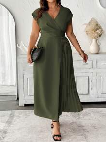 SHEIN Clasi 女士加大码简约优雅 V 领腰部褶皱下摆长裙，适合办公室、休闲、度假、下午茶，浅色 - 軍綠色 - 查看 3