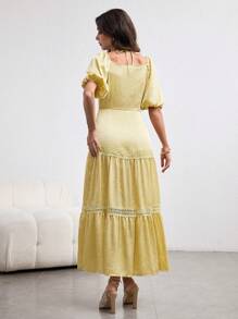 Modelyn Fashionable & Elegant Tie Neck Patchwork Knitted Yellow Dress - Yellow - View 5