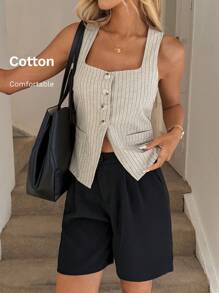 Easowa 棉质衬衫女式休闲复古硬币和条纹印花背心无袖衬衫，适合日常休闲和通勤，春夏季短款上衣女士办公室商务休闲女式纽扣衬衫女式夏季上衣女士教师趣味衬衫老钱工作上衣商务休闲女式 - 杏色 - 查看 3