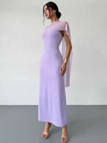 Firerie Women's Elegant Asymmetrical Neckline Waist Fitted Long Purple Mesh Flowy Party/Graduation Dress, Summer - Purple - View 8