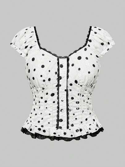 J-Fashion Blouse à manches bouffantes avec taille resserrée, ourlet à volants, patchwork à pois doux pour femmes grande taille dans le style Y2K