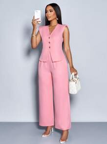 SOLERSUN 女士粉色通勤夹克，垫肩，前中金属扣，休闲夹克，适合通勤和日常外出 - 粉色 - 查看 4