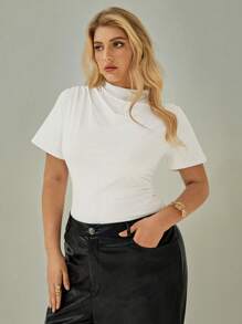 SHEIN Essnce Women Plus Size Solid Color Simple Short Sleeve T-Shirt - White - View 2