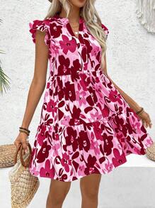 Breezaya Damen Sommer Urlaubs Kleid mit Blume Muster, Kerbenausschnitt, Rüschen an den Ärmeln und kurzer Babydoll-Silhouette