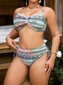 Swim Vcay Set bikini cu bretele tip spaghetti și imprimeu retro pentru vară, mărime plus, pentru plajă și vacanță - Multicolor - Vizualizare 3