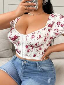 SHEIN 大码女式花卉印花甜心领短袖钢圈文胸 - 彩色 - 查看 6