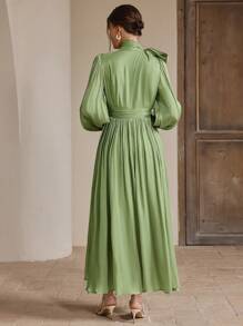 Anewsta Váy dài xếp ly màu xám-xanh lá cây sáng bóng thanh lịch và đa năng cho nữ, Xuân/Thu - màu xanh lá - Xem 2