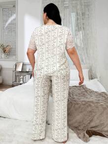 SHEIN Purple Wisteria Print Lace Patchwork Sheer Shoulder Open Front Short Sleeve Pajamas Set For Plus Size Women ,Vacation