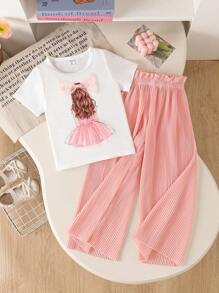 2pcs/Set Girls Casual Cute Cartoon Girl Print Round Neck Short Sleeve T-Shirt And Sports Long Pants, Summer Outfit 
Graphic T Shirt Girls Clothes Set - Pink - View 4