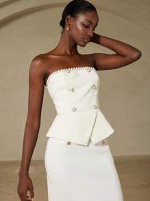 GENKIRA Women's Elegant Textured Bustier With Faux Pearl Buttons, Fitted - Beige - View 1