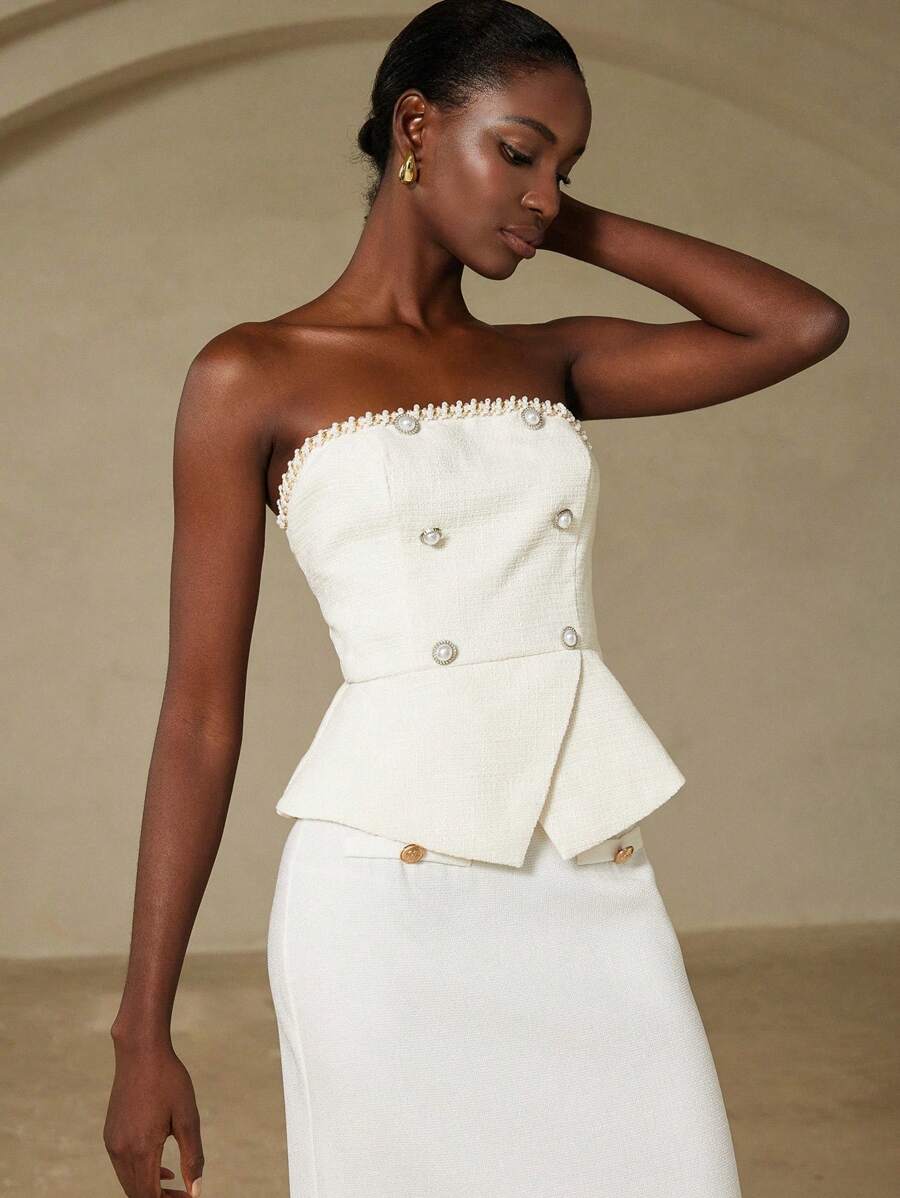 GENKIRA Women's Elegant Textured Bustier With Faux Pearl Buttons, Fitted - Beige - View 1