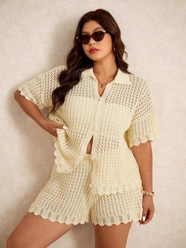 Elaquor Plus Size Women Solid Color Hollow Out Short Sleeve Single Breasted Knit Top And Knit Shorts Set