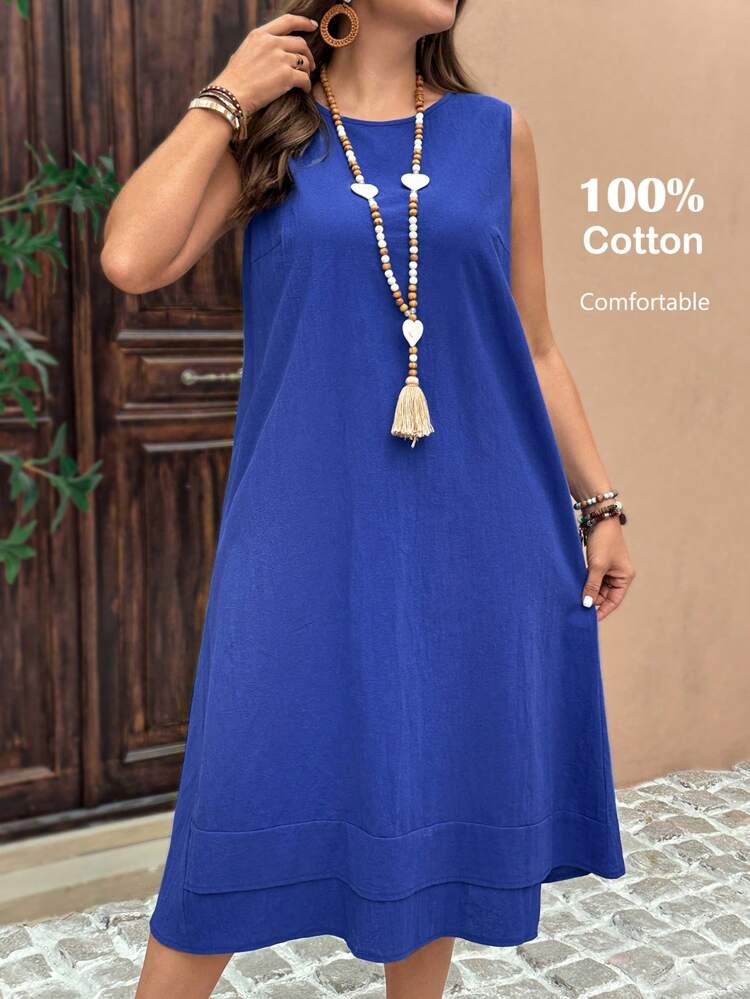 Plus Size Women's Summer Casual Round Neck Sleeveless Blue Dress,Summer Holiday,Vacation Outfits Women,Simple And Fashionable For Everyday Wear,Vacay Vibes,Springbreak,Casual Wear SS,Bohemia,Comfortable And Breathable,Summer Dresses For Women,Flowy Dress
