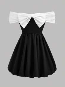 SHEIN Girlism Vestido negro y blanco de silueta abultada con gran moño, hombros descubiertos, para niñas preadolescentes de moda elegante y urbana - Negro - Ver 7