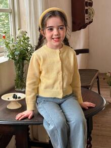 LMoss Kids LMoss Young Girls Plain Knit Crew Neck Yellow Cardigan,Fall Sweaters, Fall Stitich Winter - Yellow - View 7